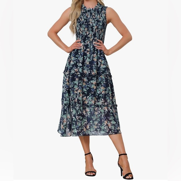 Allegra K Sleeveless Floral Ruffles Crew Neck Chiffon Smocked Dresses - Picture 1 of 9